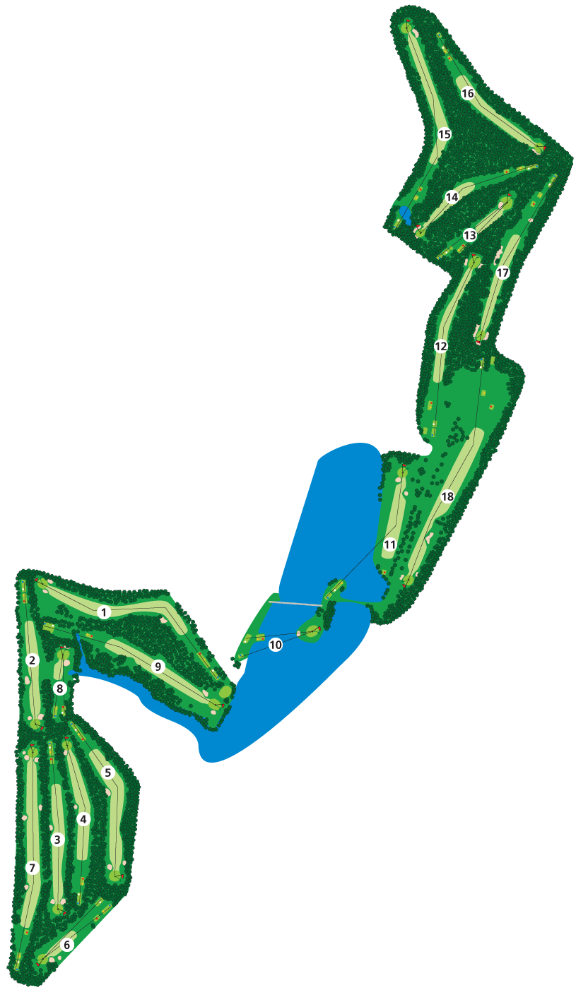The Course Layout of Ocean Acres Country Club including an aerial view of all 18 golf holes.