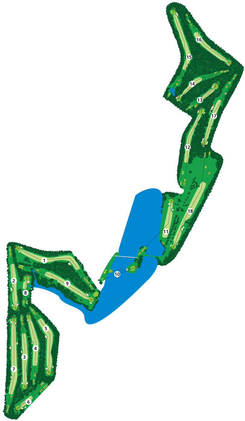 Aerial course map of Ocean Acres Country Club. Includes visuals of all 18 holes.