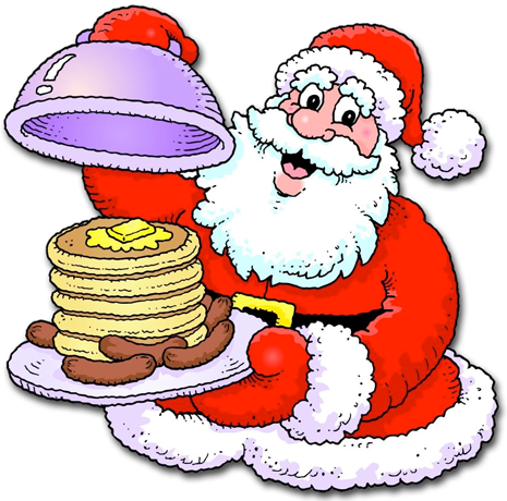 Santa Claus in a big red suit puts on a great big smile and lifts the cover off a platter of a large stack of pancakes and sausage.